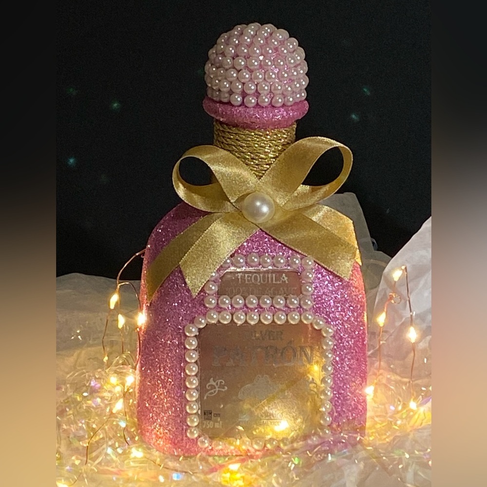 Glamour Decoration Glittered Patron Tequila Bottle-handmade (empty)-Barbie Pink